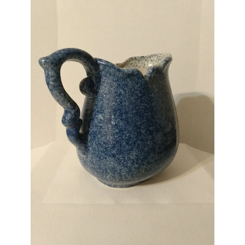 Blue Spongeware Calico China Pitcher with Pig Speckled Country Farmhouse decor